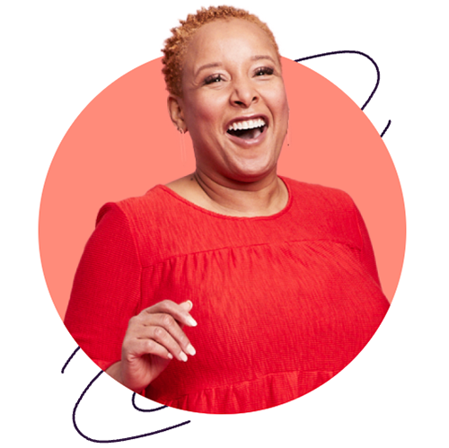 woman smiling on red